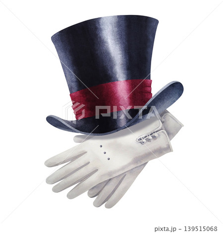 Black silk vintage top-hat with a red satin ribbon and white gloves. Watercolor illustration on a white background. Theater, circus, Wedding. Package, invitation, goodie bag, gift tag. Wine label. Art Black silk vintage top-hat with a red satin ribbon and white gloves. Watercolor illustration on a white background. Theater, circus, Wedding. Package, invitation, goodie bag, gift tag. Wine label. Art 139515068