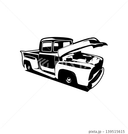 1956 Ford F100 pickup truck vector illustration design. Ready-to-use monochrome image design. Isolated side view with open engine trunk. Best for logos, badges, and emblems. 1956 Ford F100 pickup truck vector illustration design. Ready-to-use monochrome image design. Isolated side view with open engine trunk. Best for logos, badges, and emblems. 139515615