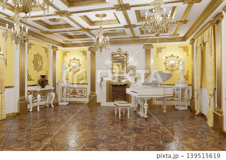 Luxurious Ornate Classical Interior With White Grand Piano, Gold Decor and Marble Fireplace in Elegant Ballroom Luxurious Ornate Classical Interior With White Grand Piano, Gold Decor and Marble Fireplace in Elegant Ballroom 139515619