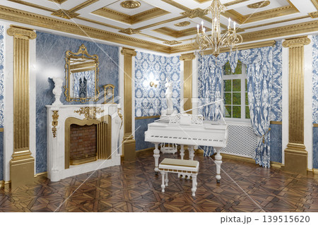 Luxury Ornate Blue And Gold Parlor With White Grand Piano And Marble Fireplace 139515620