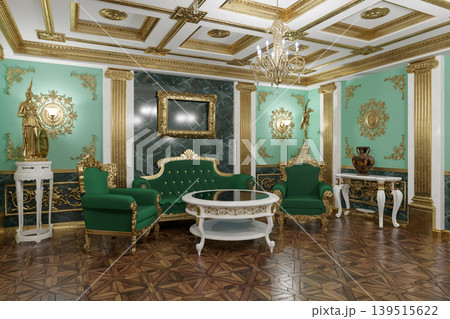 Luxurious Green and Gold Baroque Interior With Ornate Furniture, Chandelier, Marble and Gilded Details. 3d render Luxurious Green and Gold Baroque Interior With Ornate Furniture, Chandelier, Marble and Gilded Details. 3d render 139515622