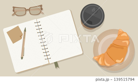 Minimalist Eco Workspace Flat Lay Vector Open Kraft Notebook with Realistic Sticky Note Wooden Glasses Coffee and Croissant for Lifestyle Branding Design 139515794