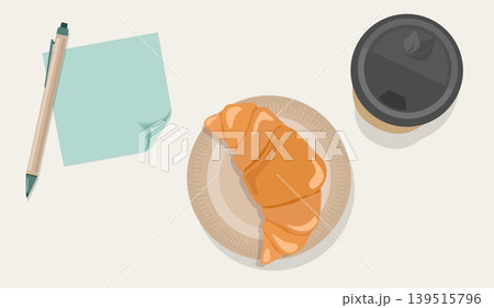 Minimalist Morning Set Vector Mint Sticky Note with Realistic Curled Corner Recycled Pen Coffee and Croissant for Cafe Branding and Planning Design 139515796