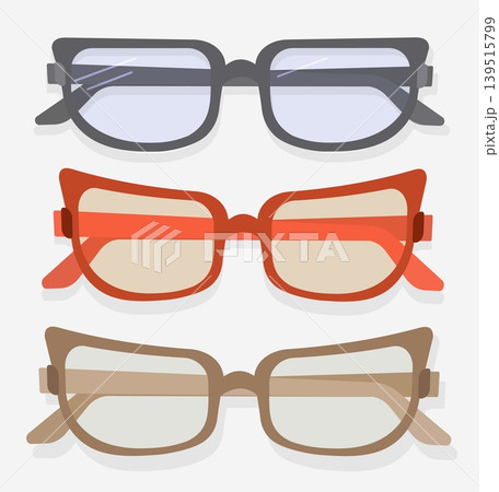 Minimalist Eyewear Set Vector Three Pairs of Modern Glasses in Black Orange and Wood Frame for Academic Branding Office Design and Sustainable Identity 139515799