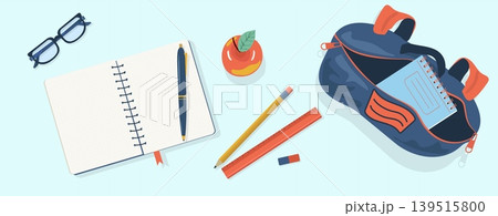 Classic Back to School Flat Lay Vector Open Backpack with Notebook Pencil Ruler and Red Apple on Desk Minimalist Stationery Set for Elementary Education 139515800