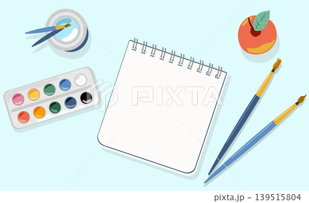 Back to School Art Set Vector Watercolor Paints Brushes and Red Apple on Desk Minimalist Open Notebook Flat Lay for Elementary Education and Creativity Back to School Art Set Vector Watercolor Paints Brushes and Red Apple on Desk Minimalist Open Notebook Flat Lay for Elementary Education and Creativity 139515804