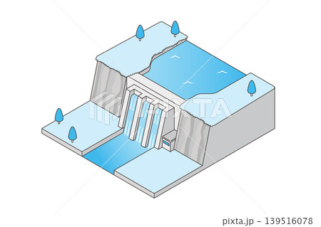 シアン配色の水力発電ダムアイソメトリックイラスト 再生可能エネルギーイメージ 139516078