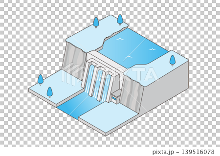 シアン配色の水力発電ダムアイソメトリックイラスト 再生可能エネルギーイメージ 139516078