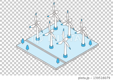 風力發電廠的青色等距插圖；再生能源影像。 139516079