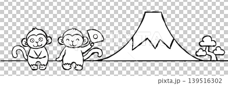 [Line drawing] New Year's card material: Simple monkey and Mt. Fuji 139516302