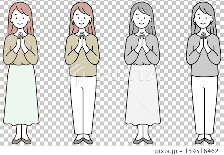 雙手合十祈禱的女子;新年參拜神社;彩色及黑白照片。 雙手合十祈禱的女子;新年參拜神社;彩色及黑白照片。 139516462