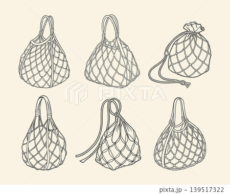 Reusable Mesh Shopping Bags collection. Set of hand drawn string bags. Illustration. Reusable Mesh Shopping Bags collection. Set of hand drawn string bags. Illustration. 139517322