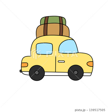 Yellow car carries stacked luggage atop roof Yellow car carries stacked luggage atop roof 139517505