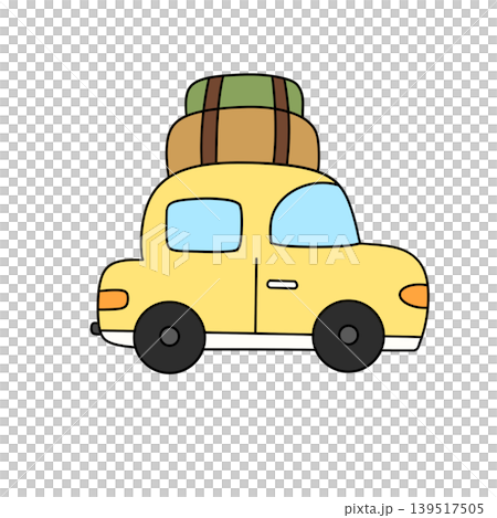 Yellow car carries stacked luggage atop roof Yellow car carries stacked luggage atop roof 139517505
