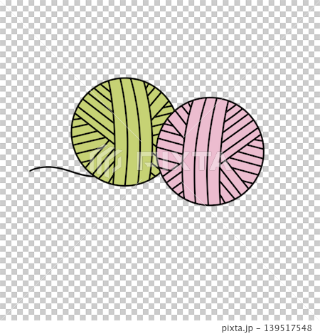 Two yarn balls, green and pink, sit side by side Two yarn balls, green and pink, sit side by side 139517548
