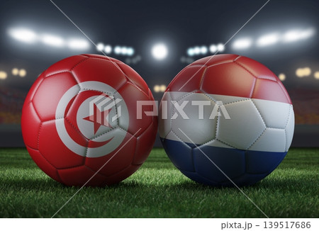 Two soccer balls in flags colors on a stadium blurred background. Tunisia vs Netherlands. 3D image. Two soccer balls in flags colors on a stadium blurred background. Tunisia vs Netherlands. 3D image. 139517686