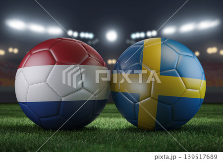 Two soccer balls in flags colors on a stadium blurred background. Netherlands and Sweden. 3D image. Two soccer balls in flags colors on a stadium blurred background. Netherlands and Sweden. 3D image. 139517689