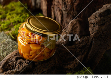 Homemade pickled honey mushrooms in a glass jar. 139517901