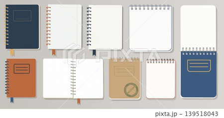Minimalist Notebook Collection Vector Set of Open and Closed Spiral Journals Kraft and Blue Stationery for Education Branding and Digital Planning 139518043