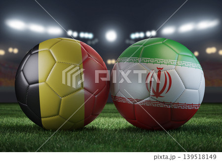 Two soccer balls in flags colors on a stadium blurred background. Belgium vs Iran. 3D image. Two soccer balls in flags colors on a stadium blurred background. Belgium vs Iran. 3D image. 139518149