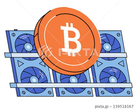 Bitcoin coin in front of a mining rig vector illustration. Crypto mining, blockchain technology, digital finance, hardware farm, investment, energy. BTC token over graphic card cooling system 139518167