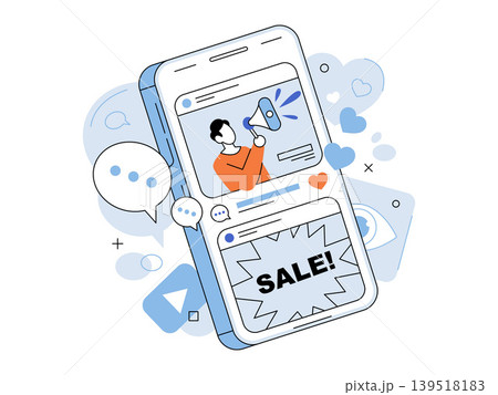 Smartphone social media marketing with man using megaphone vector illustration. Digital advertising, online shopping, brand promotion, e-commerce, viral marketing, retail. Mobile phone advertisement 139518183
