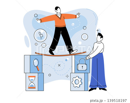 Man balances on a board between icon blocks vector illustration. Risk management, stability, project planning, time control, security, support. Person walking on a tightrope across boxes Man balances on a board between icon blocks vector illustration. Risk management, stability, project planning, time control, security, support. Person walking on a tightrope across boxes 139518197