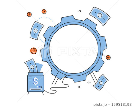 Blue gear with flying banknotes and coins vector illustration. Financial automation, investment growth, banking, business process, profit, economy. Cogwheel with cash and currency Blue gear with flying banknotes and coins vector illustration. Financial automation, investment growth, banking, business process, profit, economy. Cogwheel with cash and currency 139518198