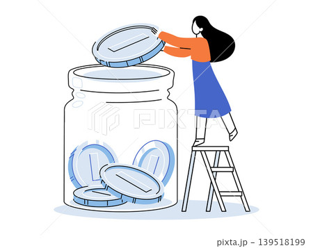 Woman putting coin in jar vector illustration. Financial planning, money savings, investment growth, retirement fund, budget management, wealth building. Female depositing currency into container Woman putting coin in jar vector illustration. Financial planning, money savings, investment growth, retirement fund, budget management, wealth building. Female depositing currency into container 139518199