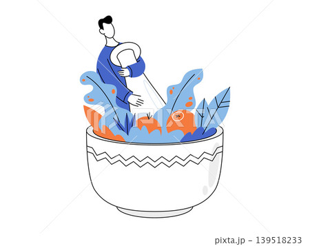 Man grinding herbs and fruit with a pestle vector illustration. Natural medicine, herbalism, organic skincare, healthy nutrition, homeopathy, wellness. Person crushing plants in a ceramic bowl Man grinding herbs and fruit with a pestle vector illustration. Natural medicine, herbalism, organic skincare, healthy nutrition, homeopathy, wellness. Person crushing plants in a ceramic bowl 139518233