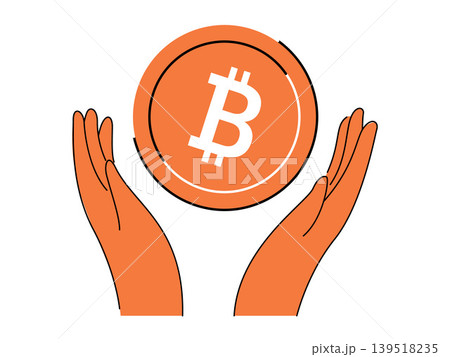 Hands holding a bitcoin coin vector illustration. Crypto investment, digital finance, blockchain security, wealth management, trading, asset protection. Palms cupping a virtual currency token 139518235