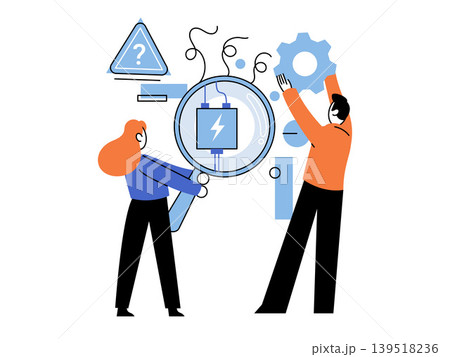 People analyzing power battery with magnifying glass vector illustration. Technical support, energy efficiency, maintenance, problem solving, research, repair. Engineers inspecting electric component People analyzing power battery with magnifying glass vector illustration. Technical support, energy efficiency, maintenance, problem solving, research, repair. Engineers inspecting electric component 139518236