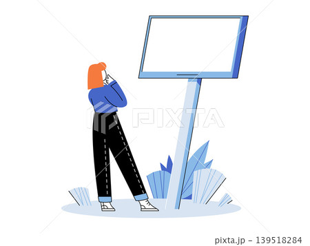Woman looking at a blank billboard vector illustration. Marketing strategy, outdoor advertising, brand promotion, message delivery, public announcement, creative space. Female observing signboard Woman looking at a blank billboard vector illustration. Marketing strategy, outdoor advertising, brand promotion, message delivery, public announcement, creative space. Female observing signboard 139518284