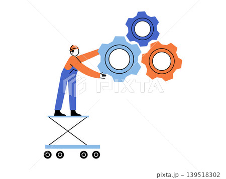 Worker on a lift fixing gears vector illustration. Engineering maintenance, technical support, industrial progress, teamwork, mechanical repair, business efficiency. Technician on platform fixing Worker on a lift fixing gears vector illustration. Engineering maintenance, technical support, industrial progress, teamwork, mechanical repair, business efficiency. Technician on platform fixing 139518302