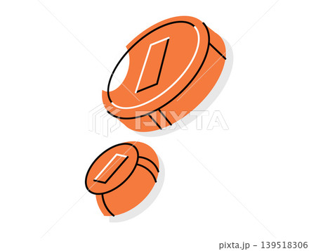 Two orange isometric coins with rectangle symbol vector illustration. Finance, banking, crypto, investment, savings, payment. Pair of round tokens with bar icons 139518306