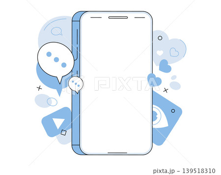 Smartphone with social media icons vector illustration. Digital marketing, online communication, social networking, mobile app, content creation, engagement. Mobile phone with interface elements 139518310