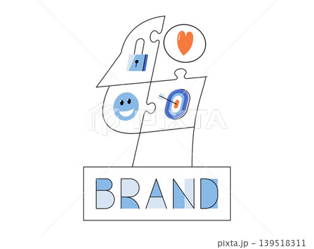 Puzzle head with icons above the word brand vector illustration. Brand identity, marketing, loyalty, growth, corporate image, target audience. Profile silhouette of jigsaw parts Puzzle head with icons above the word brand vector illustration. Brand identity, marketing, loyalty, growth, corporate image, target audience. Profile silhouette of jigsaw parts 139518311