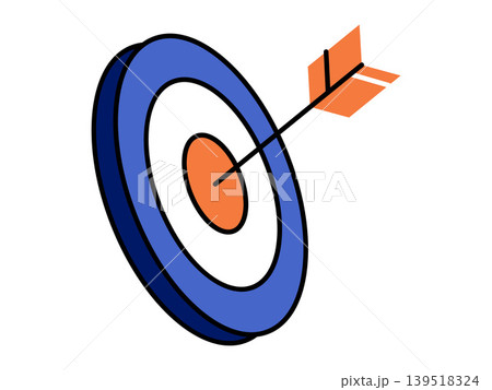 Arrow hitting the center of a blue target vector illustration. Business success, marketing strategy, goal achievement, precision focus, corporate growth, performance. Dart striking the bullseye Arrow hitting the center of a blue target vector illustration. Business success, marketing strategy, goal achievement, precision focus, corporate growth, performance. Dart striking the bullseye 139518324