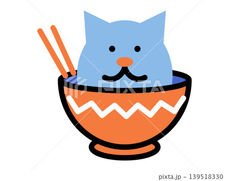Blue cat head inside an orange ramen bowl with chopsticks vector illustration. Asian cuisine, restaurant branding, food delivery, pet cafe, funny mascot, japanese culture. Feline in soup dish 139518330