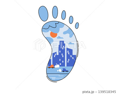 Carbon footprint with city landscape inside a foot vector illustration. Environmental impact, sustainability, urban planning, climate change, global warming, ecology. Human track with skyline Carbon footprint with city landscape inside a foot vector illustration. Environmental impact, sustainability, urban planning, climate change, global warming, ecology. Human track with skyline 139518345