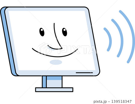 Computer monitor with a smiling face and signal waves vector illustration. Smart tech, digital assistant, online chat, tech support, wireless connection, ai. Desktop screen with happy expression 139518347