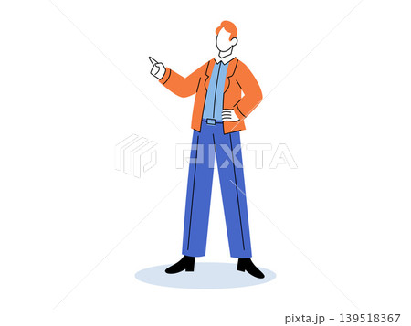 Man in orange jacket pointing finger vector illustration. Business presentation, leadership coaching, marketing strategy, corporate communication, career growth, professional advice. Male gesturing 139518367