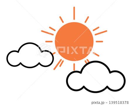 Orange sun with black outline clouds vector illustration. Weather forecast, summer season, climate change, morning sky, nature environment, meteorology report. Solar star with fluffy cumulus 139518378