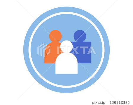 Three stylized human silhouettes in a blue circle vector illustration. Teamwork, community, social networking, human resources, leadership, diversity. Group of people icons in a round badge 139518386
