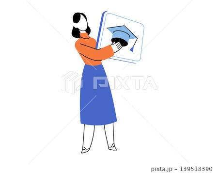 Woman holding a digital screen with a graduation cap vector illustration. Online education, e-learning, academic success, remote study, digital degree, university. Female student with a mortarboard 139518390