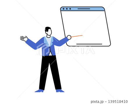 Man pointing at a browser window vector illustration. Online education, digital marketing, webinar, software tutorial, remote learning, business presentation. Presenter gesturing to a screen Man pointing at a browser window vector illustration. Online education, digital marketing, webinar, software tutorial, remote learning, business presentation. Presenter gesturing to a screen 139518410