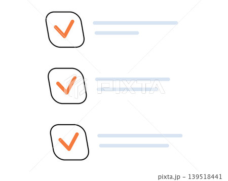 Checklist with orange checkmarks and text lines vector illustration. Task management, project planning, productivity, survey, goals, routine. Completed to do list with marks and lines Checklist with orange checkmarks and text lines vector illustration. Task management, project planning, productivity, survey, goals, routine. Completed to do list with marks and lines 139518441