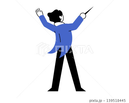Back view of a music conductor in a blue tailcoat holding a baton vector illustration. Classical music, leadership, performance, creative direction, symphony, management. Maestro with a stick Back view of a music conductor in a blue tailcoat holding a baton vector illustration. Classical music, leadership, performance, creative direction, symphony, management. Maestro with a stick 139518445