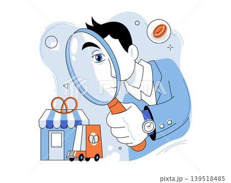 Man examining small shop and delivery truck vector illustration. Market research, business analysis, retail audit, logistics, monitoring, growth. Manager inspecting store with a magnifying glass Man examining small shop and delivery truck vector illustration. Market research, business analysis, retail audit, logistics, monitoring, growth. Manager inspecting store with a magnifying glass 139518485