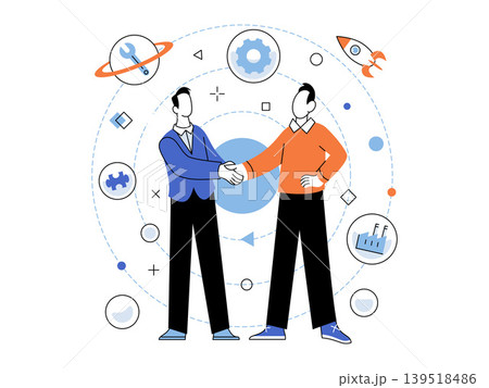 Two men shaking hands with industrial icons vector illustration. Partnership, industrial collaboration, startup launch, technical support, manufacturing, synergy. Male colleagues greeting. Two men shaking hands with industrial icons vector illustration. Partnership, industrial collaboration, startup launch, technical support, manufacturing, synergy. Male colleagues greeting. 139518486